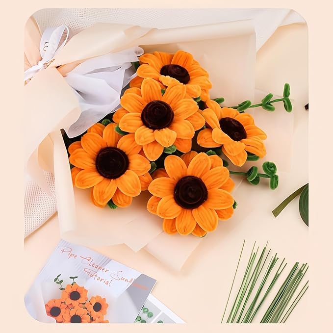 Sunflower Pipe Cleaners Craft Kit - 280Pcs Thick Chenille Stems in Yellow/Green/Brown, Include Floral Wires & Ribbon, DIY Flower Bouquet Making Supplies for Art Projects, Creative Decor, Handmade Gift