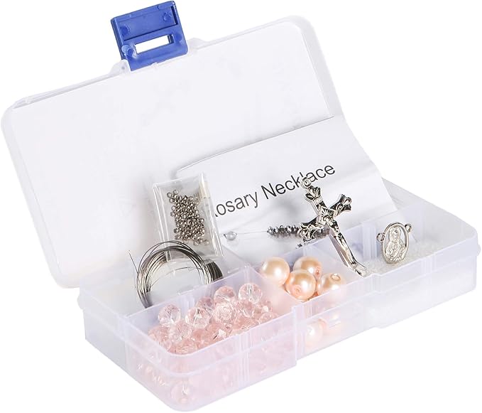 Linpeng Pink Crystal Bead Box Rosary Necklace DIY kit, Rhodochrosite