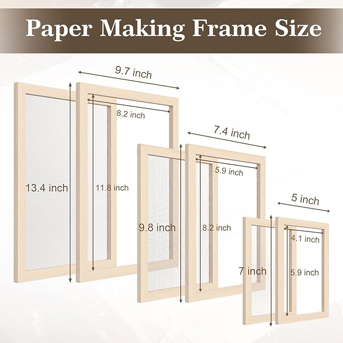 Caydo 3 Pieces Paper Making Frame Kit, Papermaking Mould and Deckle with Mesh, Absorbent Paper and Sponge for Kids Adults Supplies A4 A5 A6 (5 x 7 Inches, 7.5 x 9.8 Inches, 9.8 x 13 Inches)