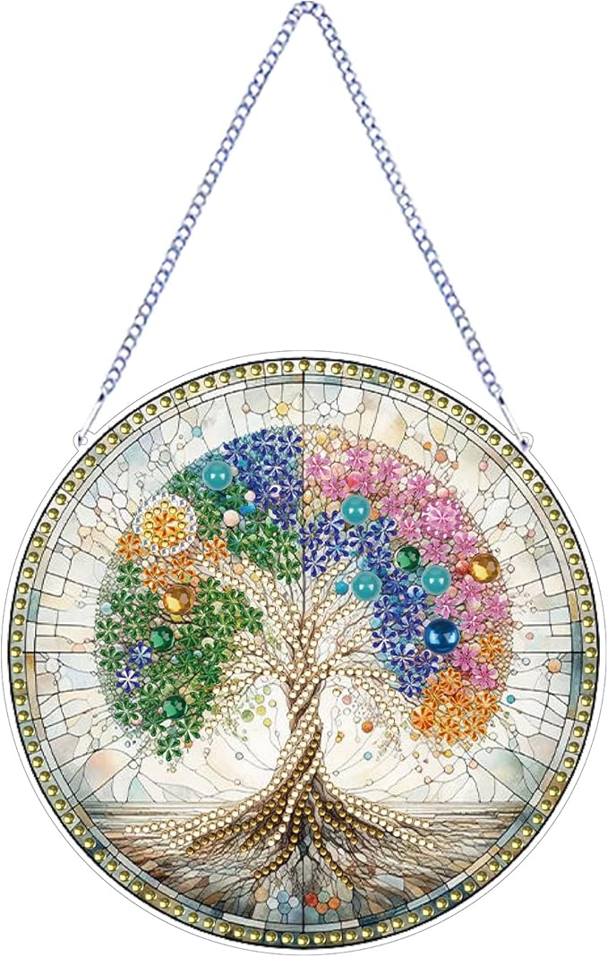 STGLCR DIY 5D Tree of Life Diamond Painting Kits Hanging Sign Wall Art Sign Tree Diamond Art Suncatcher Window Hanging Ornament Window Pendants Home Garden Wall Door 7.8inch