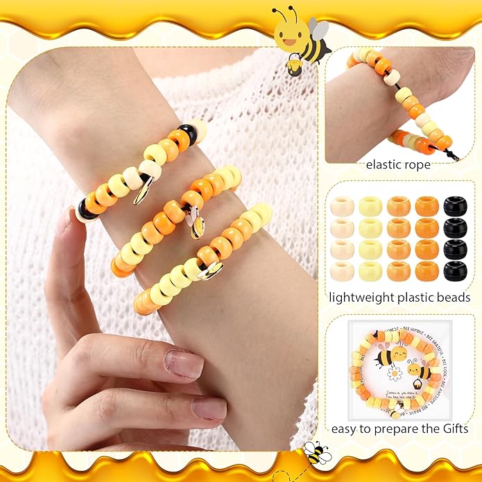 Highergo 50 Set Motivational Bee Themed Gifts Bee Bracelet Beads DIY Craft Kit with Inspirational Cards and Bags for Teacher Bee Party Favors