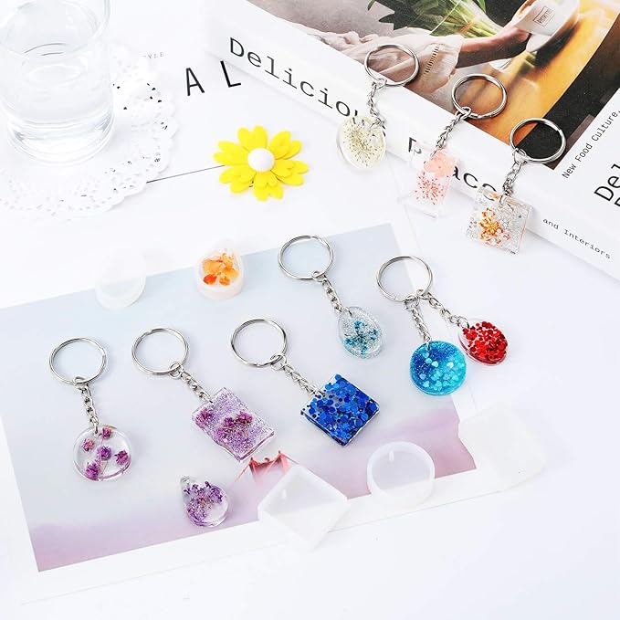 WILLBOND 67 Pieces Resin Keychain Mold Set, Jewelry Pendant DIY Epoxy Casting Mold with Keychain Rings, Dried Flower and Round Sequins for DIY Craft Making Supplies