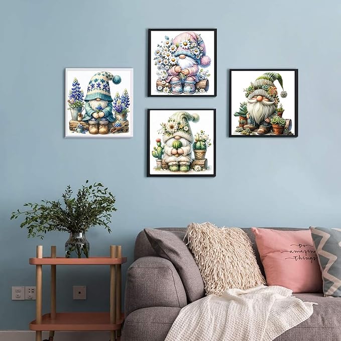 Diamond Art Kits for Adults, 4 Pack Spring Gnomes Diamond Painting Kits for Adults, 5D Round Full Drill Paint with Diamonds Gem Art Dots Crafts Painting Set for Home Wall Decor Gifts 12x12inch