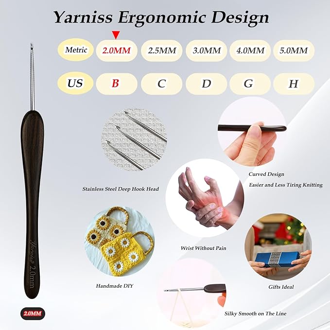 Yarniss 2.0 mm Ergonomic Crochet Hook with Ebony Wood Handle, Hand-Polished Stainless Steel Crochet Needle, Comfortable Crochet Tools with Gift Box