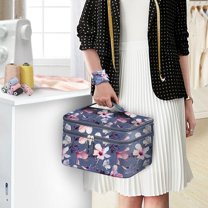 FINPAC Sewing Accessories Storage and Organizer Case, Double-Layer Sewing Kits Carrying Bag with Wrist Pin Cushion for Threads, Needles, Embroidery Floss Supplies, Felting Kits (Blooming Hibiscus)