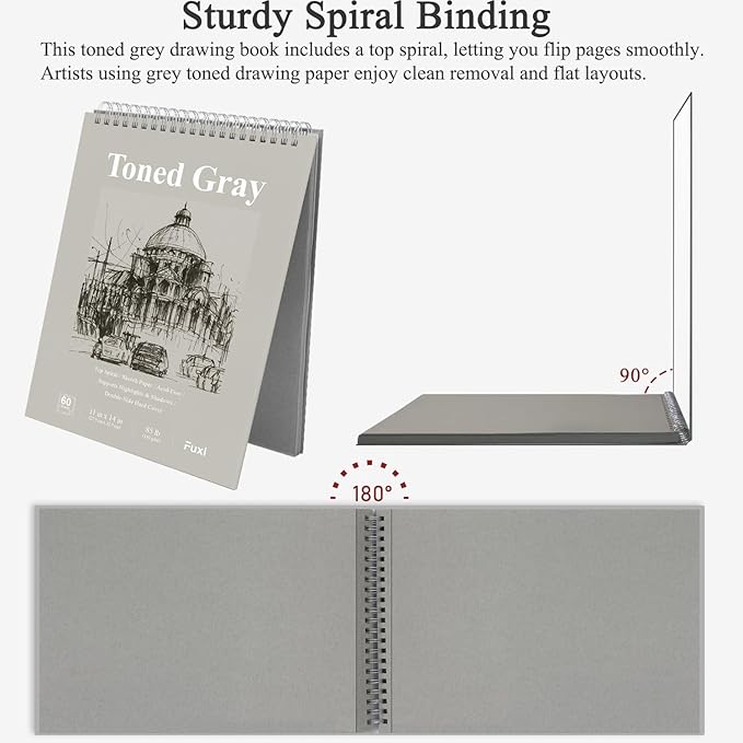 fuxi toned gray sketchbook 11x14, large drawing pad, 60 sheets (85lb/130gsm) spiral bound, harcover artist sketchbook for pencil, charcoal for artists & students.