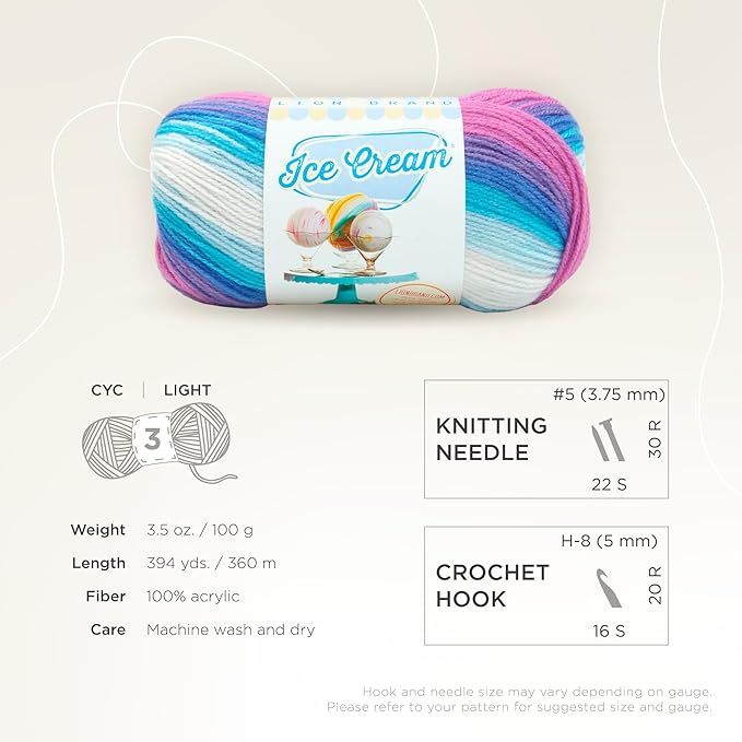 Lion Brand Yarn, Ice Cream Baby Yarn for Knitting, Crochet, and Crafts, Moon Mist, 3 Pack, DK Weight Colorful Acrylic Fiber for Baby Blankets, Hats, and Sweaters