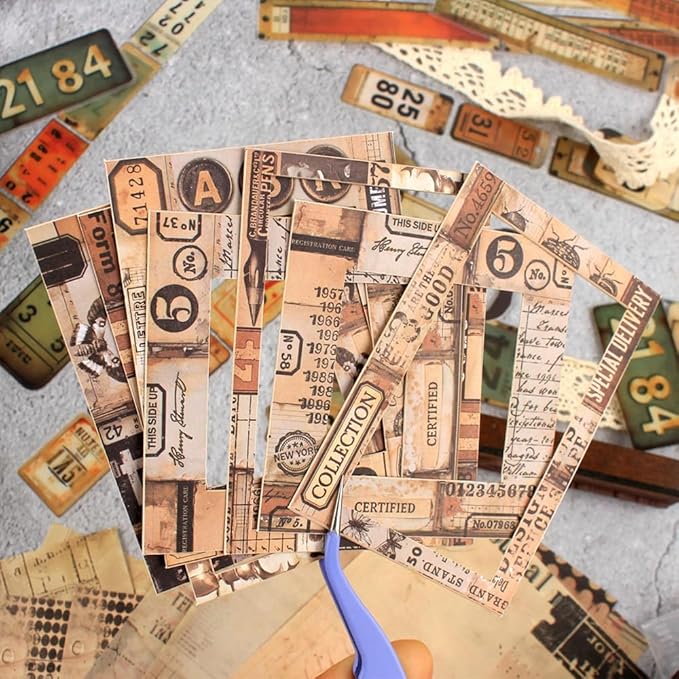 Vintage Scrapbook Kit, 90 Sheets Retro Tag Labels Collection, Scrapbooking Stickers and Decorative Papers Collage Materials, Ephemera for Junk Journal Supplies, Journaling, Crafts Arts, Scrap Booking