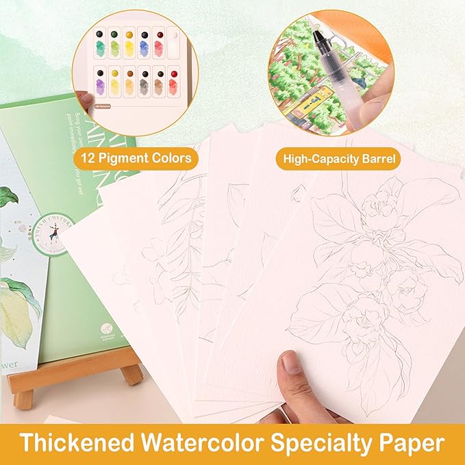Folemah Beginner Watercolor Workbook Set with Envelope, Brushes and 12-Color Watercolor Paints, Art Supplies and Craft Tools for Teens and Adults (Half-Acre Flower Field)