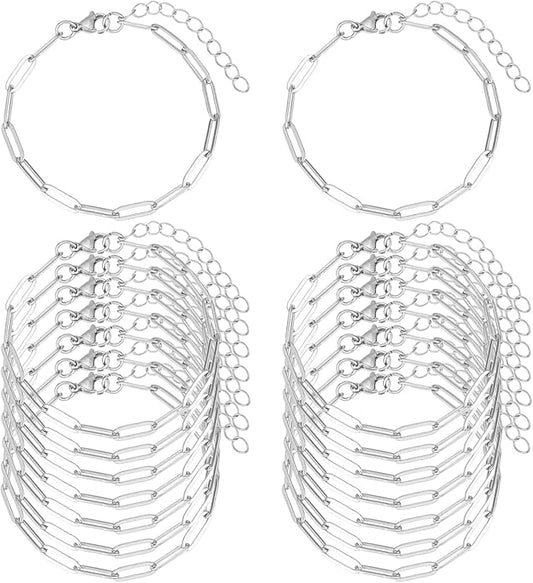 16 Pack Charm Bracelet Chain Bulk Gold Plated Stainless Steel Paperclip Chains Bracelets for DIY Jewelry Making