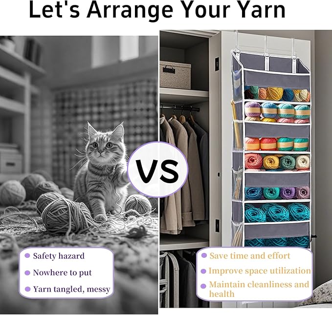 Over Door Yarn Storage Organizer,Large Capacity Yarn Storage Bag with 5 Yarn Balls Storage Pockets & 10 mesh side pockets are available to store Crochet Accessories & Knitting Supplies
