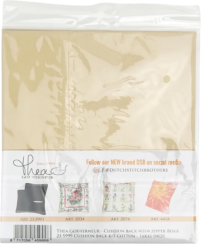 Thea Gouverneur Cushion Back Kit with Zipper - Beige - for Any 16x16 Inch (40x40cm) Cushion- Cross Stitch Creations - Embroidery - Embroidery Kit for Adults - 23.5999
