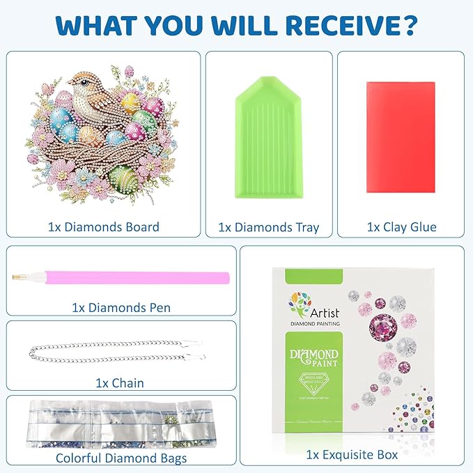 MEIYUDA Easter Diamond Art Hanging Kits for Adult, Easter Egg Diamond Painting Hanging Kits Ornaments, DIY Bird's Nest Special Shaped Rhinestone Window Pendants kit for Home Garden Wall Decor Gift