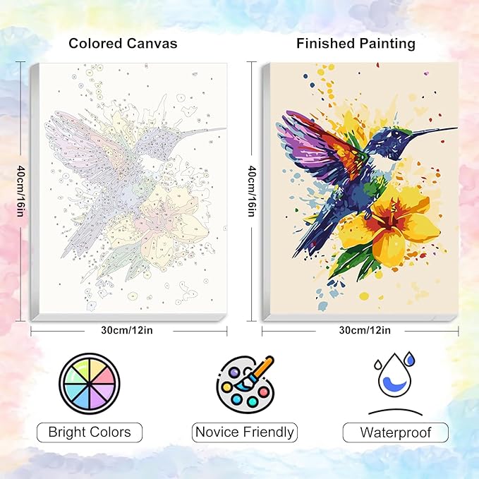 Yezavesu Framed Paint by Numbers Kit for Adults Beginner, 12x16 Inch Hummingbird Paint by Numbers with Frame, DIY Watercolor Number Painting for Adults Hummingbird for Home Wall Decor Gift