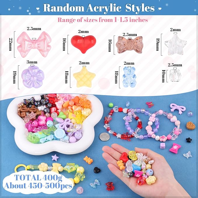 700-750pcs tinkrstuff assorted 10 colors mixed acrylic beads for bracelet making, cute beads for jewelry making flower bow butterfly gummybear bracelet charms,diy necklace keychain phone charm