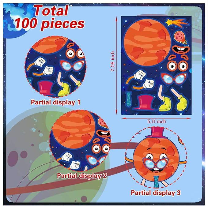 27 sheets space stickers make your own planet stickers games,easy to peel and stick,make a face outer space sticker for kids,9 planets solar system birthday party favor sticker for kids