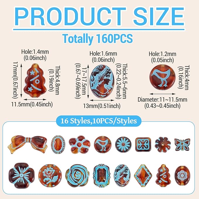 Cheriswelry 160Pcs Assorted Acrylic Beads Vintage Beads Bracelet Making Set Flat Round Flower Butterfly Bow Bead Printed Aesthetic Bead Spacer 11.5-20mm for Necklace Keychain Earring Jewelry Making