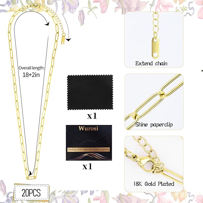 20 Pack 18Inch 18K Gold Plated Paperclip Charm Necklace Chains for Jewelry Making Adjustable 4mmx12mm Stainless Steel Necklace Chain with 2 Inch Extension Chain for Women