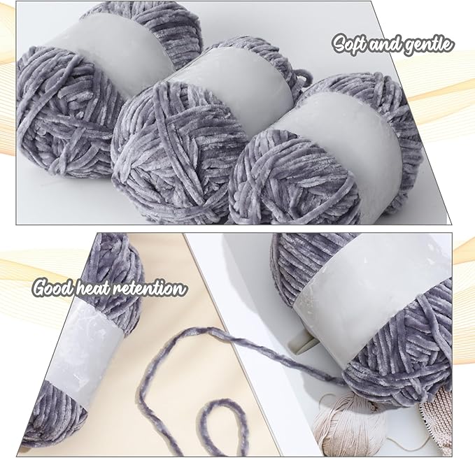 Amylove 6 Rolls Soft Velvet Chenille Yarn for Crocheting 1182 Yards Polyester Blanket Fuzzy Thick Yarn for DIY Knitting Bulky Weaving Crafts, 197 yd, 3.53 oz Each Roll(Light Gray)