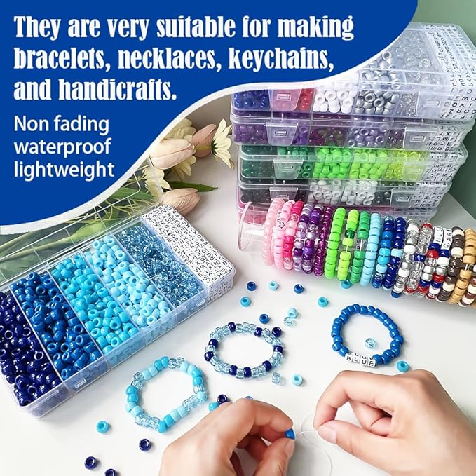MIIIM 1300 Pcs Pony Beads Kit for Friendship Bracelet, 6 Styles Kandi Bracelet Kit in Box with Individual Compartments, Hair Beads for Braids, Letters (Blue Shades)
