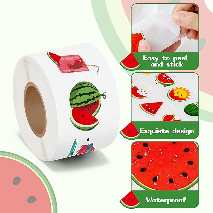 beyumi summer watermelon roll stickers - 1000pcs watermelon stickers in 2 rolls waterproof vinyl juice popsicle fruit decals for phone laptop bottle notebook luggage computer envelope decor for kids