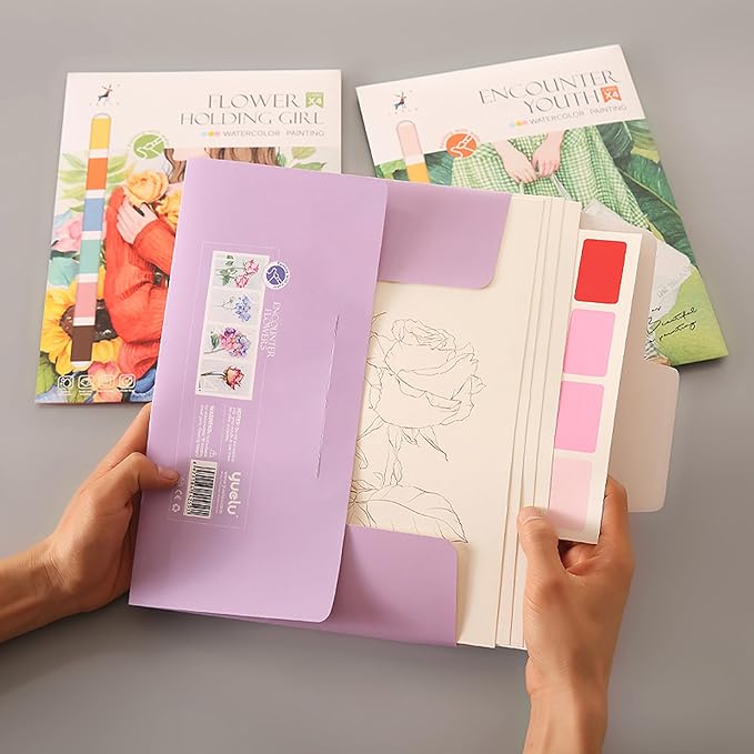 11.5" x 8.5" Watercolor Workbook for Adults, Easy Nature Scenes Paint Coloring Book Paint, Water Coloring Book with 4 Floral Drawings 2 Pigment Card and 1 Brush (Bouquet)