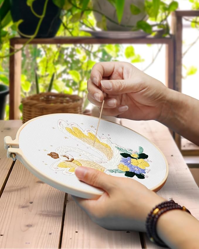 TINDTOP 3 Pack Embroidery Kit for Adult Beginners, Embroidery DIY Starter Kit, with Swan Stamped Patterns, Hoop, Tools, Colorful Threads with Needles, Instructions