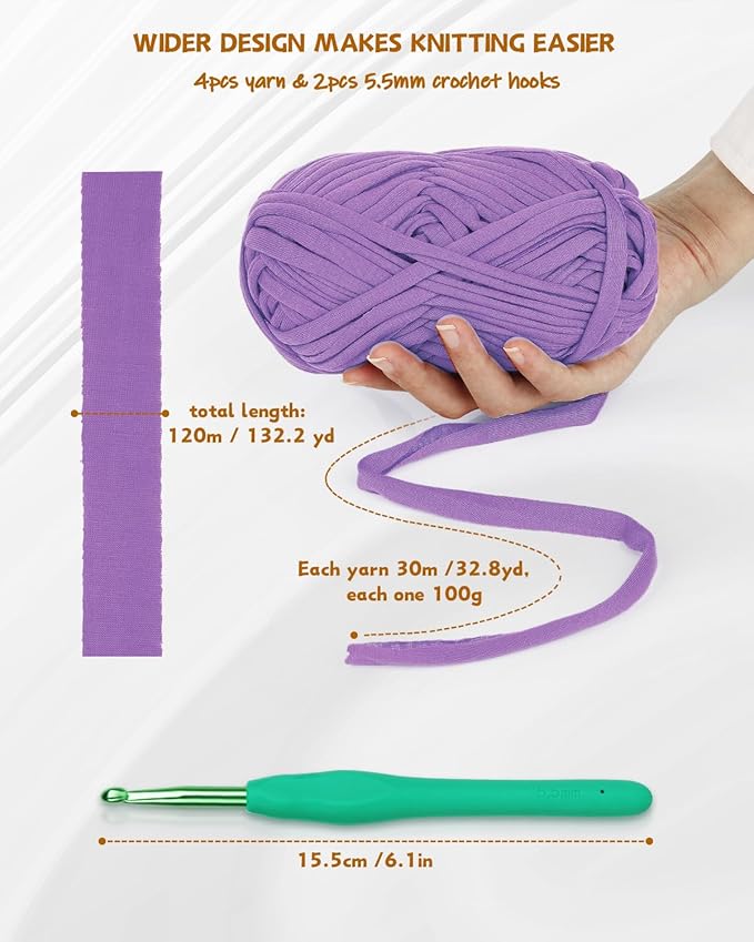 Katech 130 Yards T-Shirt Crochet Yarn for Crocheting - 400g Spaghetti Fabric Cloth for DIY Knitting, Handmade Basket, Cushion Decor - Easy for Beginners (Purple)