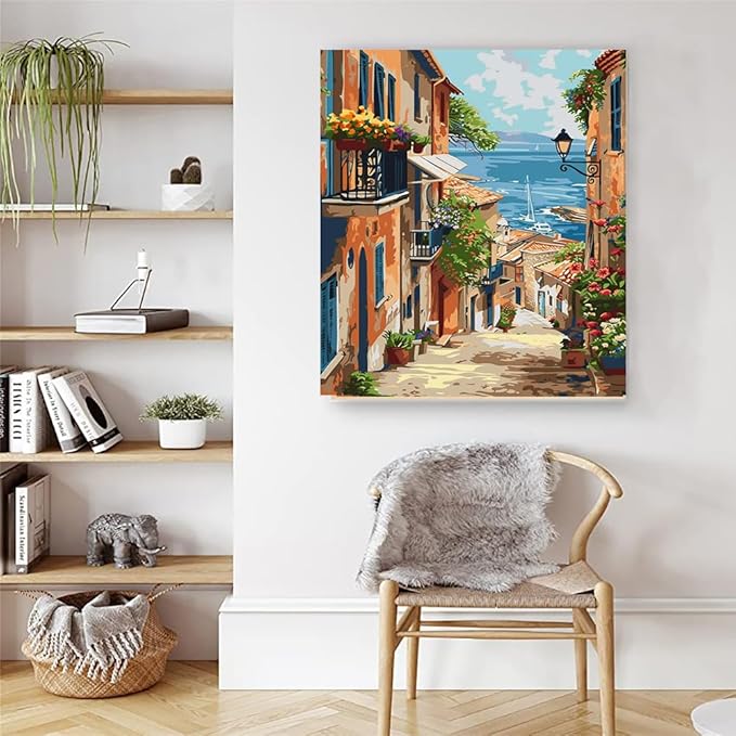 Artunion Europe City Street Paint by Numbers Kit for Adults,Seaside Town Paint by Number Kits, DIY Oil Painting Paint by Number Kits on Canvas Arts Craft for Home Wall Decor 16x20 Inch