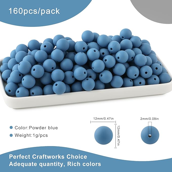 Silicone Beads, 160Pcs 12mm Round, Powder Blue for Keychain Making, Bracelet Making, Necklace Making and Pens