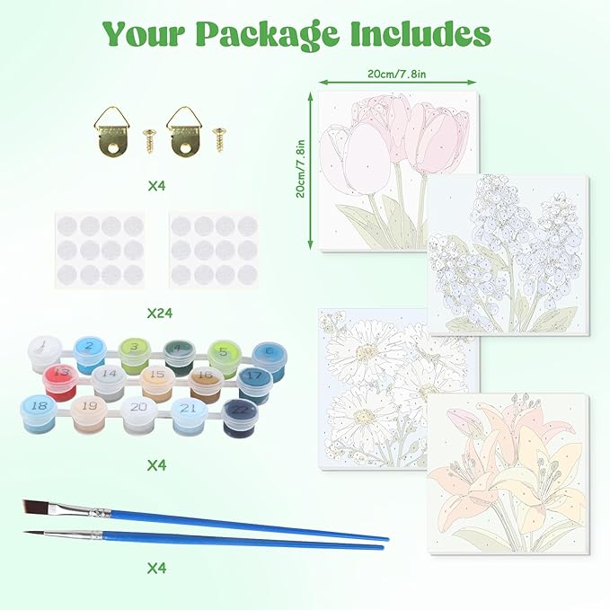 Lxmsja 4 Pack Gentle Garden Paint by Numbers Kit for Adults, Easy Framed Paint by Numbers for Adults Beginner, DIY Acrylic Oil Painting Craft Kits for Home Wall Decor 8x8 inch