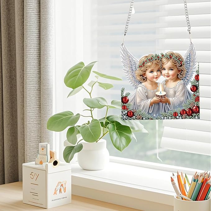 JZHYOAN Diamond Painting Art Hanging Kit Angel DIY Hanging Diamond Craft Pendant Acrylic pendant Ornaments Craft Kits Crystal Arts pendant Wind Chimes with Diamonds Art Window Pendants Craft for Adult