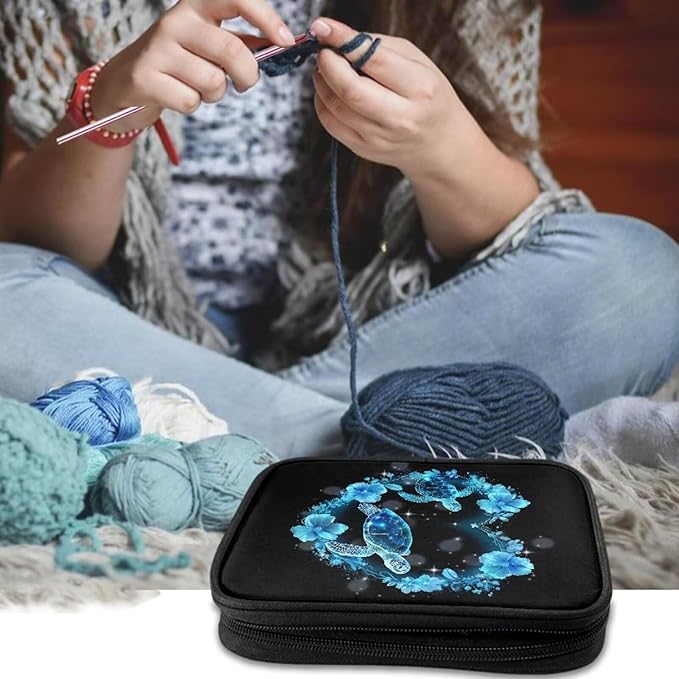 Hechitok Turtle Floral Crochet Hook Case Zipper Storage Organizer Bag with Pockets for Various Crochet Needles/Knitting Accessories/Crochet Hook Kit Tools
