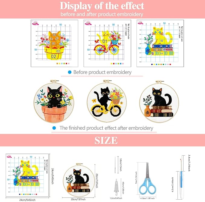 Zhenqing 3-Piece Black Cat Cross Stitch Kit for Beginners - Complete Set with Pre-Printed 11CT 24x24cm Fabric, Hoop, Threads & Tools (3 Adorable Cat Designs)(70403)