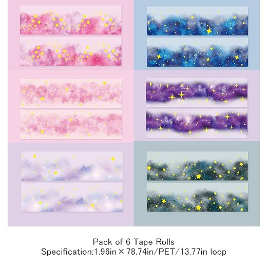 Star PET Tape Stickers for Scrapbooking Supplies,6 Rolls of Holographic Starry Sky Themed Decorative Tape Stickers for Journaling, Junk Journal Supplies, DIY Crafts(Ripple)