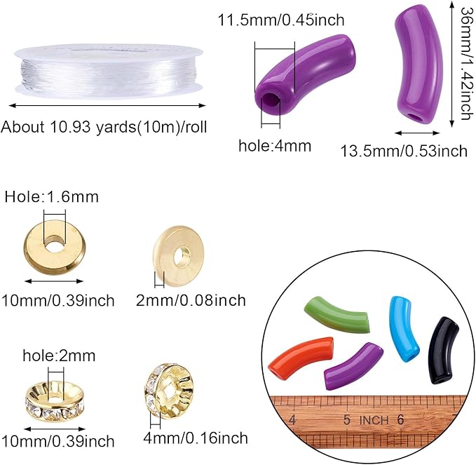 75Pcs Acrylic Chunky Tube Beads with Rondelle Brass Rhinestone Spacer Beads & Elastic Crystal Thread, 15 Colors Large Hole Opaque Curved Tube Beads for Bamboo Bangles Bracelet Jewelry Making