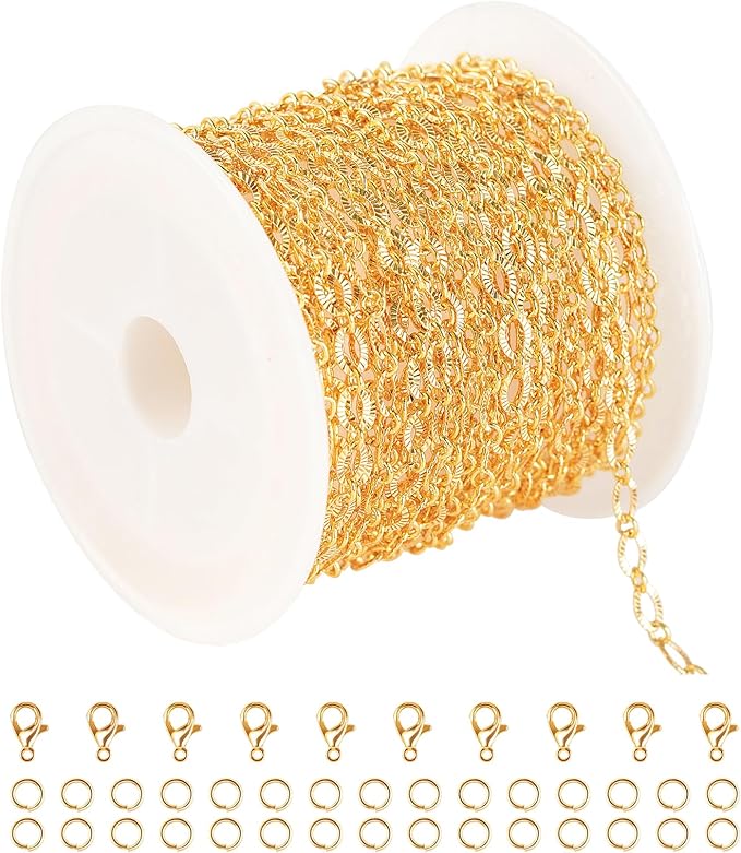 5 Meters 18K Gold Plated Chain for Jewelry Making, Shiny Light Gold Embossed Oval Cable Link Chain Spool Women Necklace Bracelet DIY Jewelry Findings