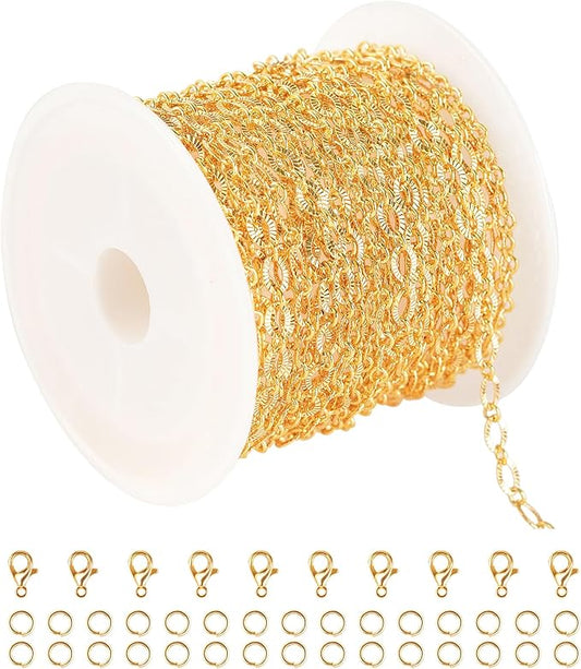 5 Meters 18K Gold Plated Chain for Jewelry Making, Shiny Light Gold Embossed Oval Cable Link Chain Spool Women Necklace Bracelet DIY Jewelry Findings