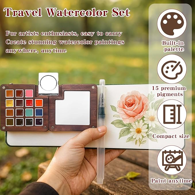 Mini Watercolor Paint Set - 15 Color Travel Watercolor Palette Set - Portable Water Color Paint Set with Watercolor Journal, Binder Clips,Pens,Storage Bag, Wooden Box for Beginners Painters Artists Student
