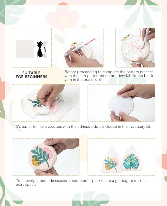 AceList 6PCS Plant Punch Needle Kit for Coaster, Easy DIY Embroidery Kit for Beginners, Adults & Kids Craft Kits, Birthday Gift with Patterns, Tools, Yarns, Hoop, Instructions, Practice Piece