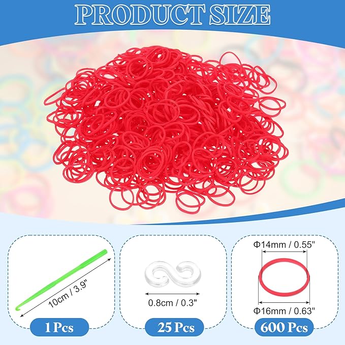 uxcell 600Pcs Loom Rubber Band, Bracelet Making Refill Kit Elastic Loom Band with 25Pcs S-Clips and 1Pcs Crochet Hooks for Weaving DIY Handcrafts, Red
