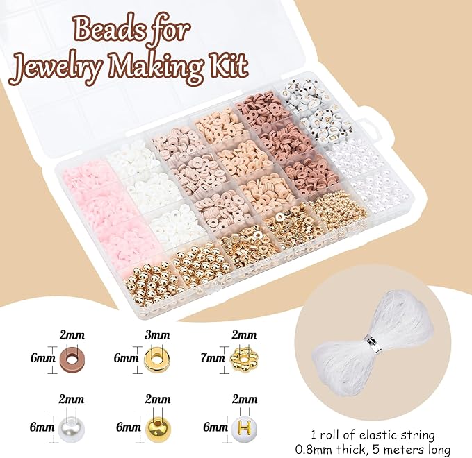 LUDUKOO Clay Bead Bracelet Kit, 2370Pcs Flat Polymer Clay Heishi Beads Bracelet Making Kit for Girls Adults, DIY Friendship Bracelet Kit with Gold Beads Letter Beads Pearl Beads for Bracelets