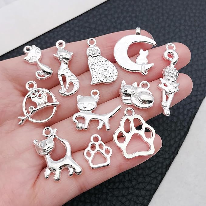 WOCRAFT 60pcs Bright Silver Cat Charms Bracelet Charms for Jewelry Making Sets DIY Necklace Bracelet Keychain Crafting Charms Kit Craft Supplies (SN843)