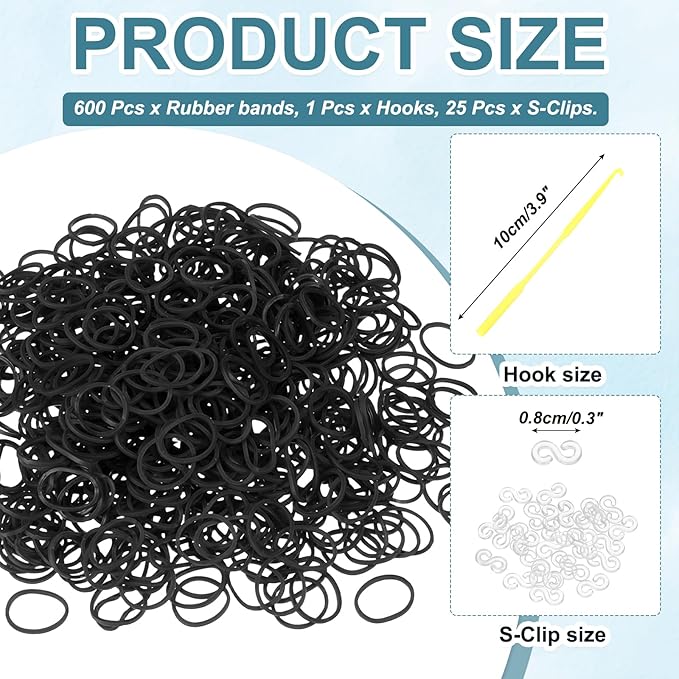 MECCANIXITY 600 Pcs Loom Rubber Bands Kit with 25 Pcs S-Clips 1-Hook Rubber Bands Refill Bracelet Making Kits for Weaving DIY Handcrafts Gift, Black