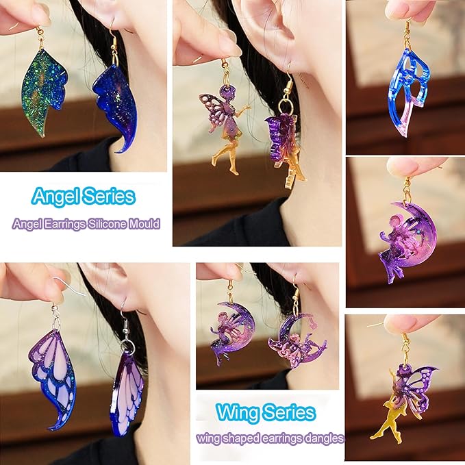 104Pcs Geometric Resin Earring Molds Kit, Wing Angel Shaped Earrings Silicone Mold for Epoxy Resin Dangle Drop Jewelry Molds Making Kit with 100 Earring Hook for Earrings Necklace Pendants (Wing)