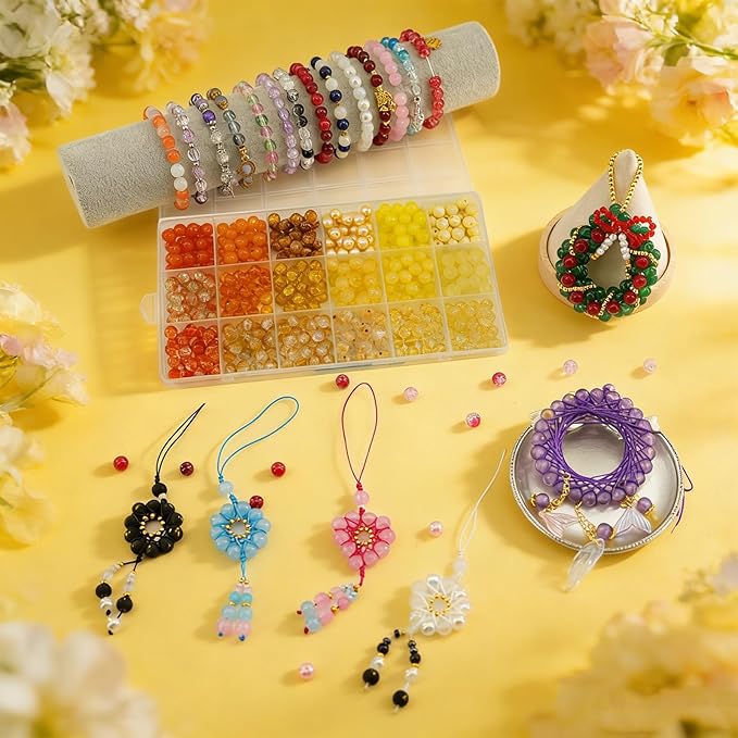 Hanyoung 8mm Glass Beads for Bracelet, Warm Yellow Wilt Series18 Colors 450 pcs Beads for Jewelry Making kit, Crystal Glass Round Beads for DIY Crafts Gifts (Yellow Color)