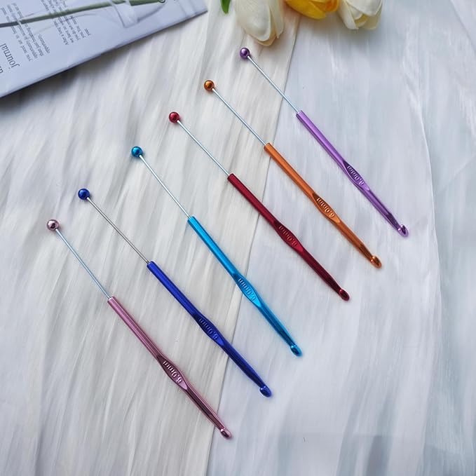 18 Pack DIY Beadable Crochet Hooks Knitting Needles Set Aluminum Handle for Focal Beads Colors (Blue Purple Red Orange Pink Light Blue, 4-6 mm)