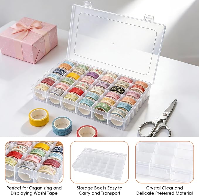 Washi Tape Organizer Box, 36 Grids Clear Plastic Box with Removable Dividers, Ideal for Washi Tape Storage and Carrying, Suitable for Storing Stationery, Jewelry, Beads, Art DIY Crafts, Art Supplies