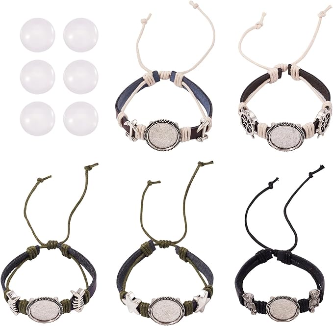 FASHEWELRY 5Pcs Cowhide Leather Cord Bracelet Bezel Tray Blank Bangle Base Settings 18mm Adjustable Round Cabochon Tray Bracelet for Jewelry Making