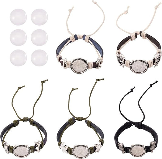 FASHEWELRY 5Pcs Cowhide Leather Cord Bracelet Bezel Tray Blank Bangle Base Settings 18mm Adjustable Round Cabochon Tray Bracelet for Jewelry Making